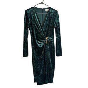 Calvin Klein Green Crushed Velvet Faux Wrap 8 Cocktail Evening Holiday Dress